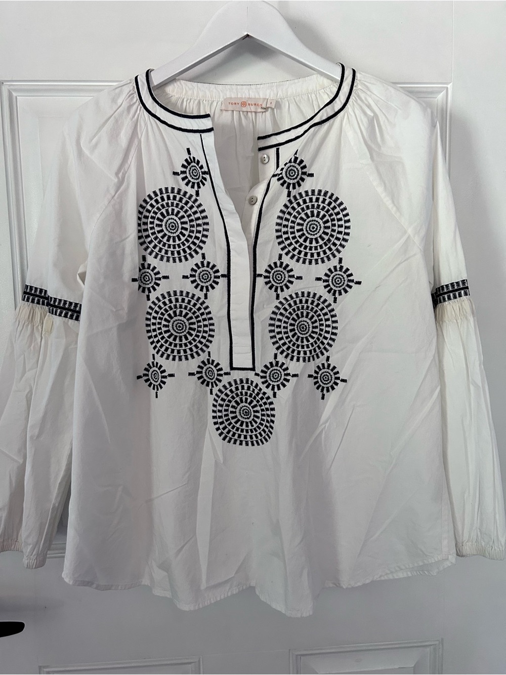 Tory Burch White Blouse with Black Geometric Embroidery